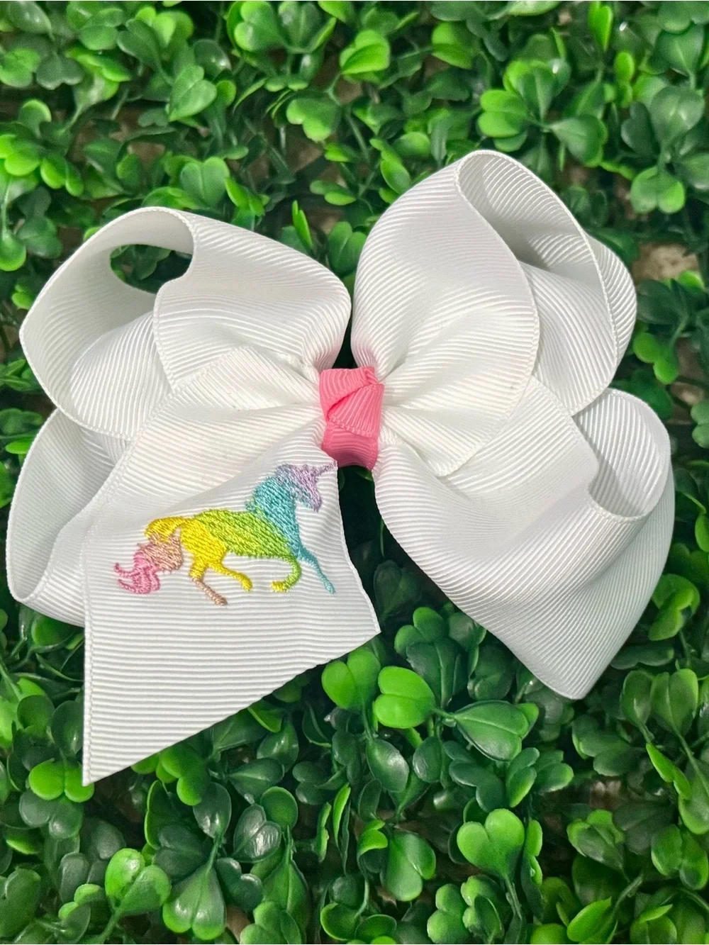 Girls Pastel Rainbow Unicorn Embroidered Hair Bow